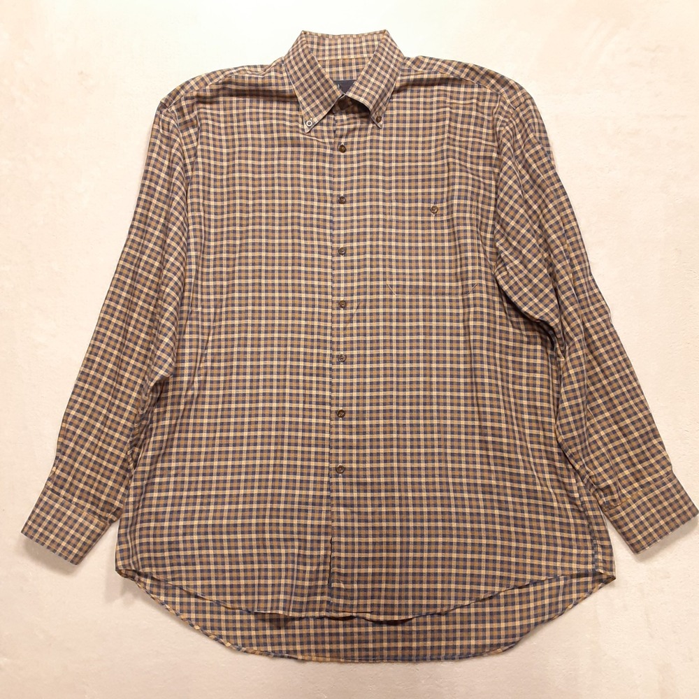 Scott Barber Mens LS Gingham Check Style Button Shirt XL Brown Blue Cotton